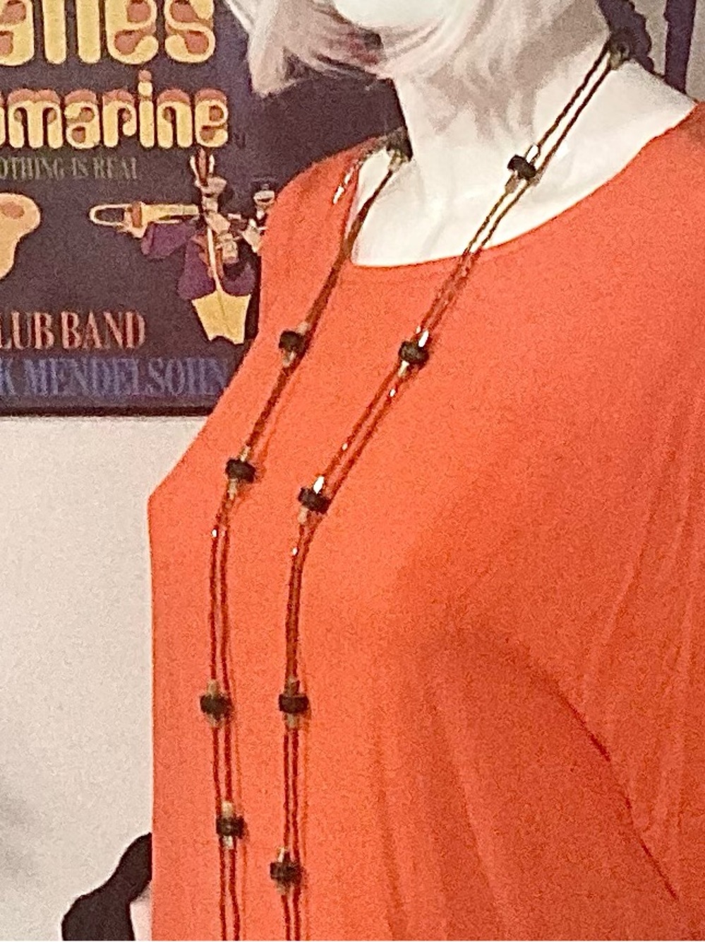 Vintage Flapper Necklace beading in amber browns and jade carved look.